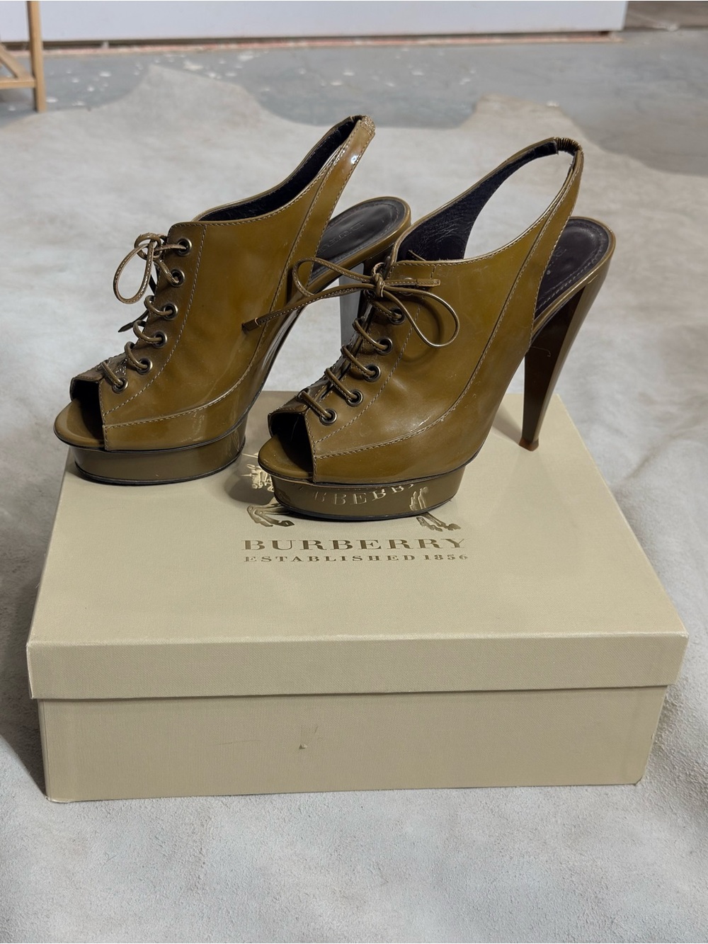Burberry Olive Green Lace-Up Peep-Toe Slingback Heels